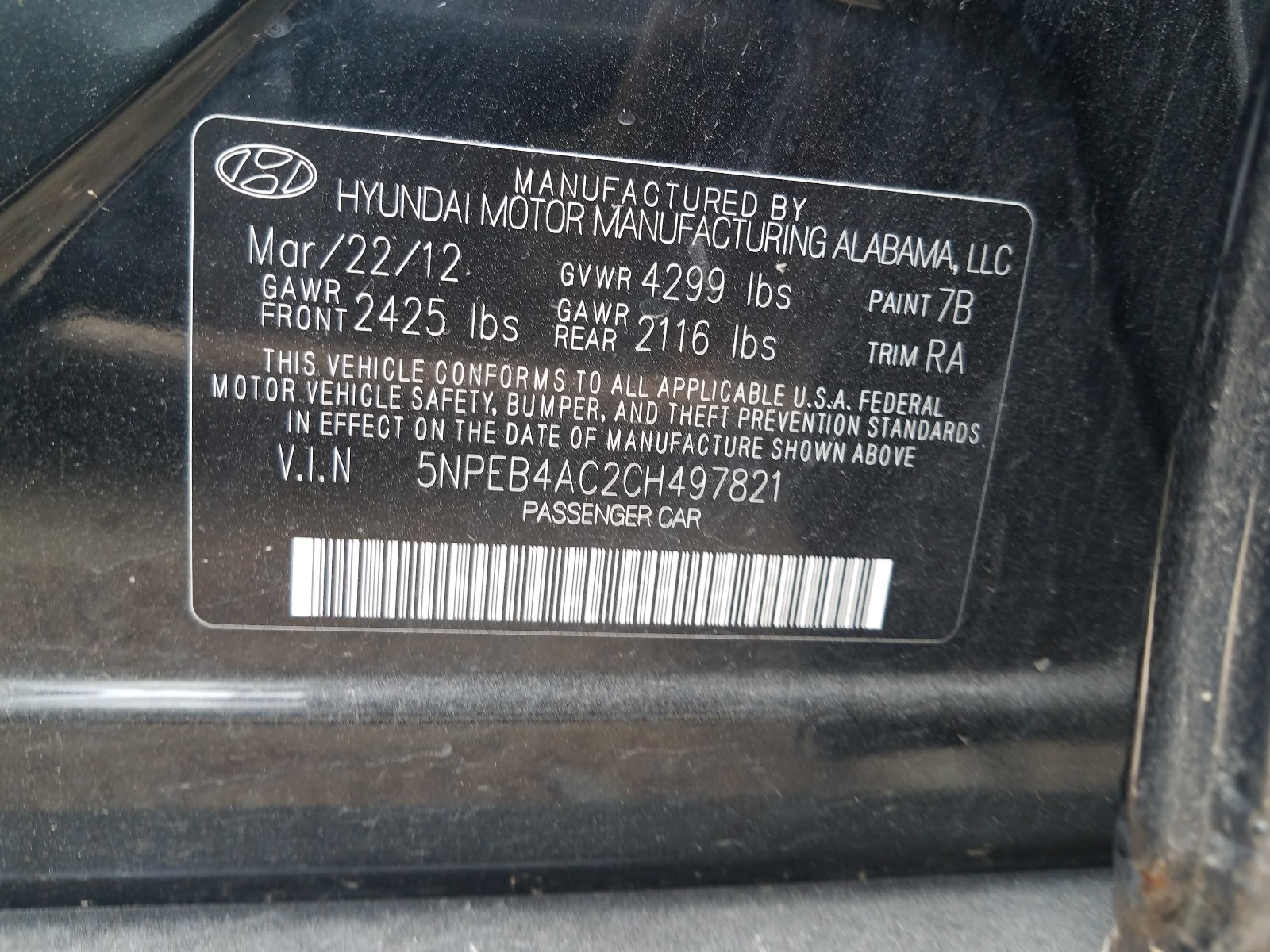 5NPEB4AC2CH497821 2012 Hyundai Sonata Gls