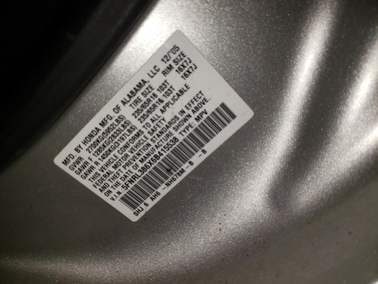 5FNRL386X6B415538 2006 Honda Odyssey Exl