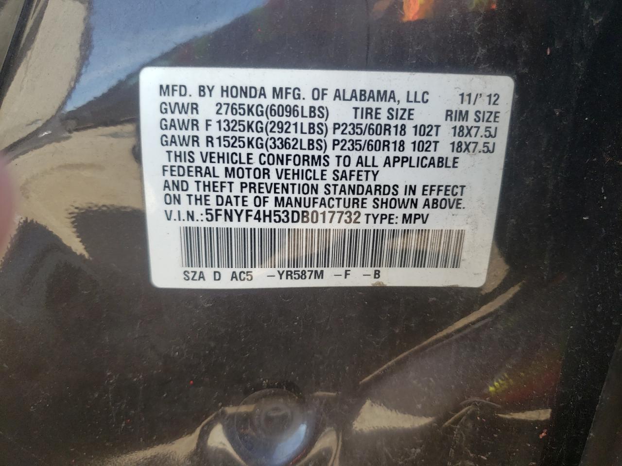 5FNYF4H53DB017732 2013 Honda Pilot Exl