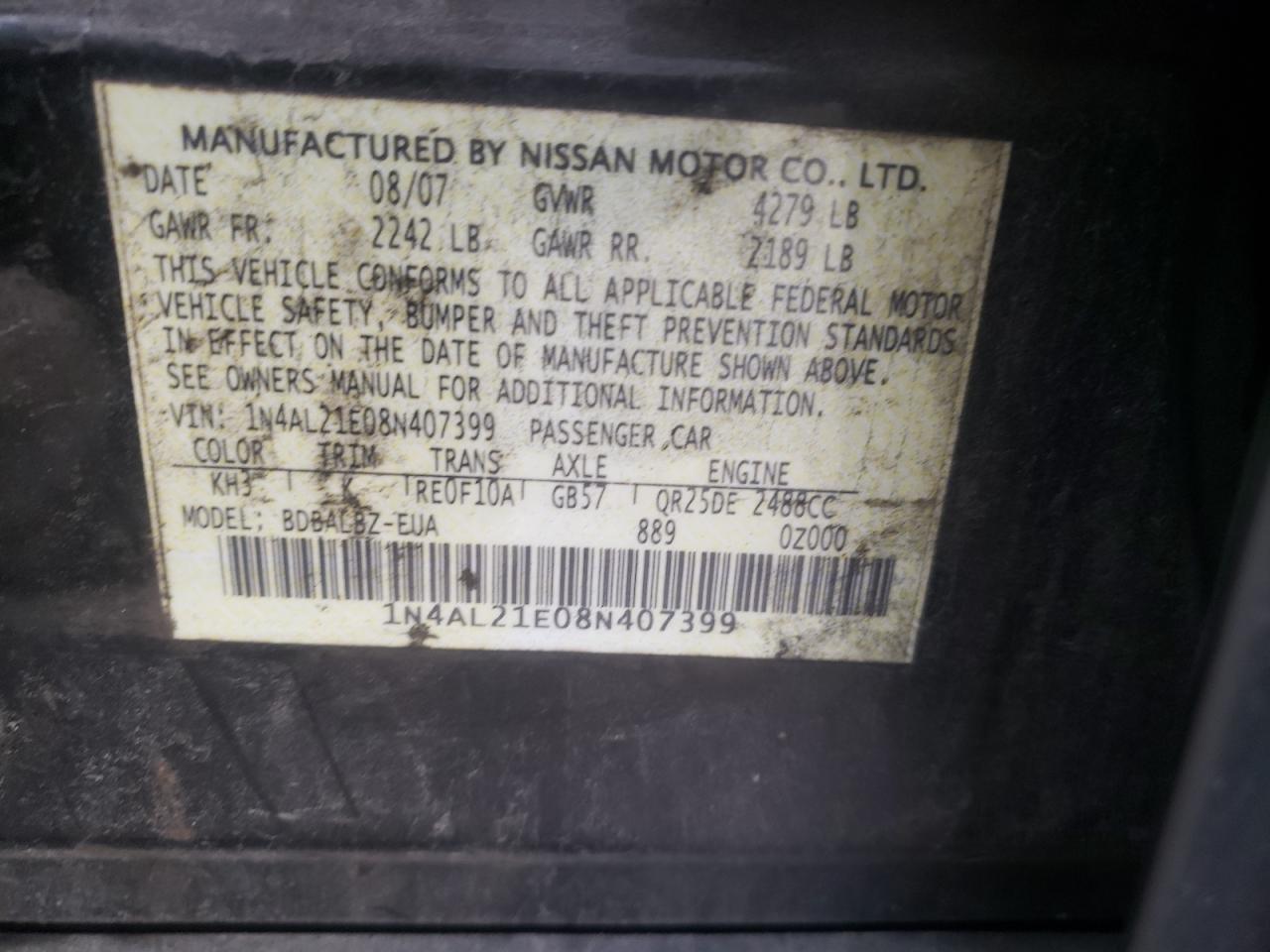 1N4AL21E08N407399 2008 Nissan Altima 2.5