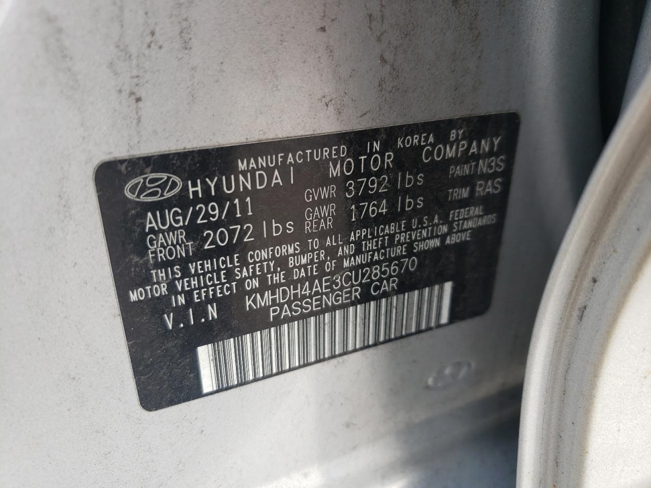 KMHDH4AE3CU285670 2012 Hyundai Elantra Gls