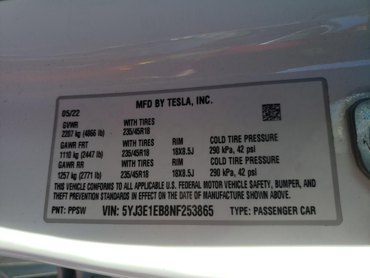 5YJ3E1EB8NF253865 2022 Tesla Model 3