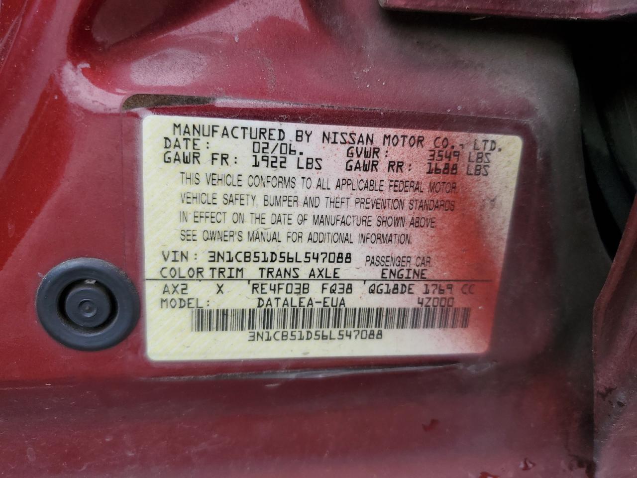 3N1CB51D56L547088 2006 Nissan Sentra 1.8