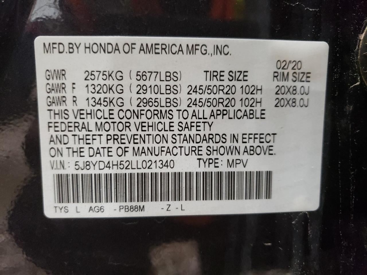 5J8YD4H52LL021340 2020 Acura Mdx Technology