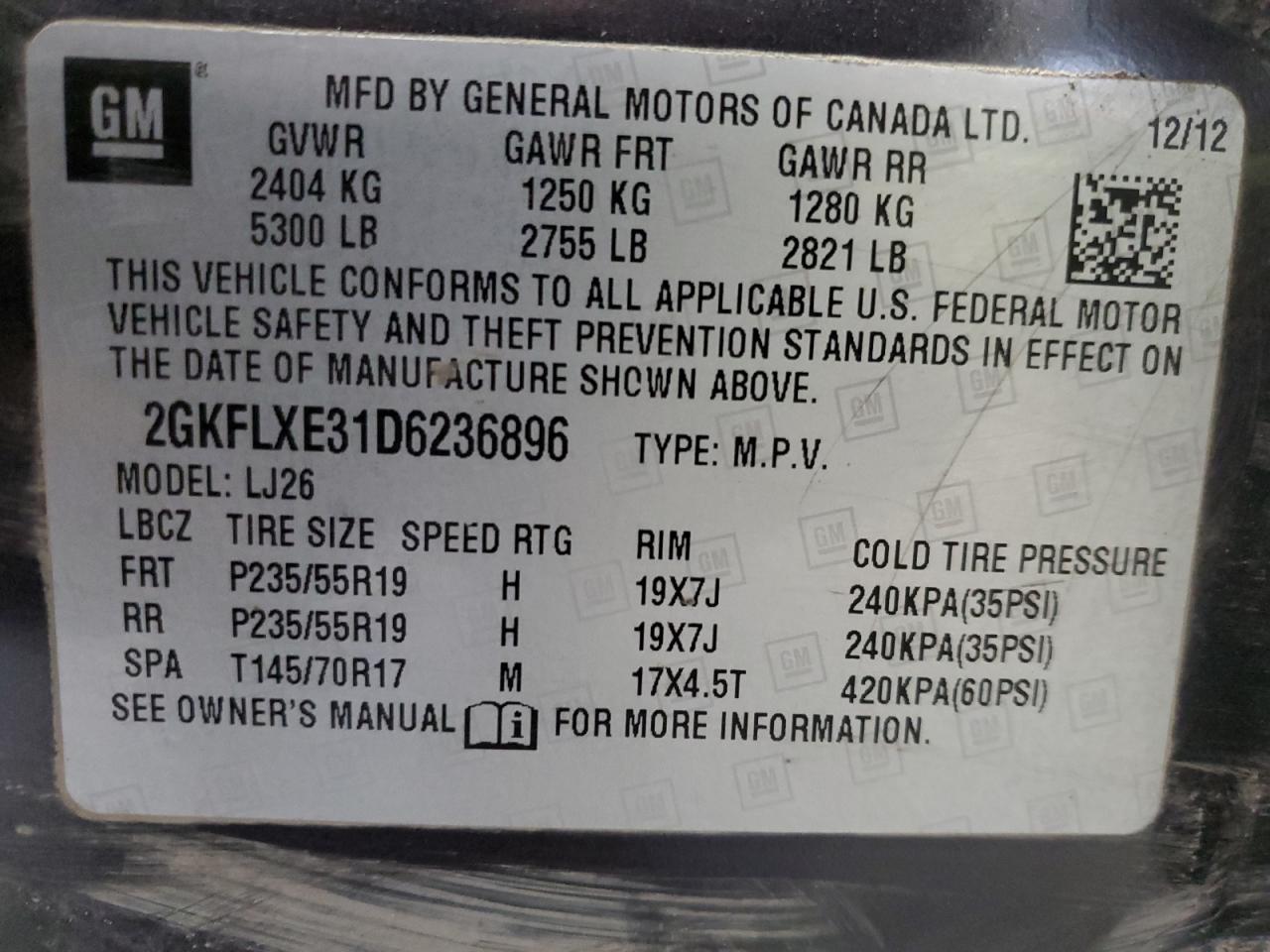 2GKFLXE31D6236896 2013 GMC Terrain Slt