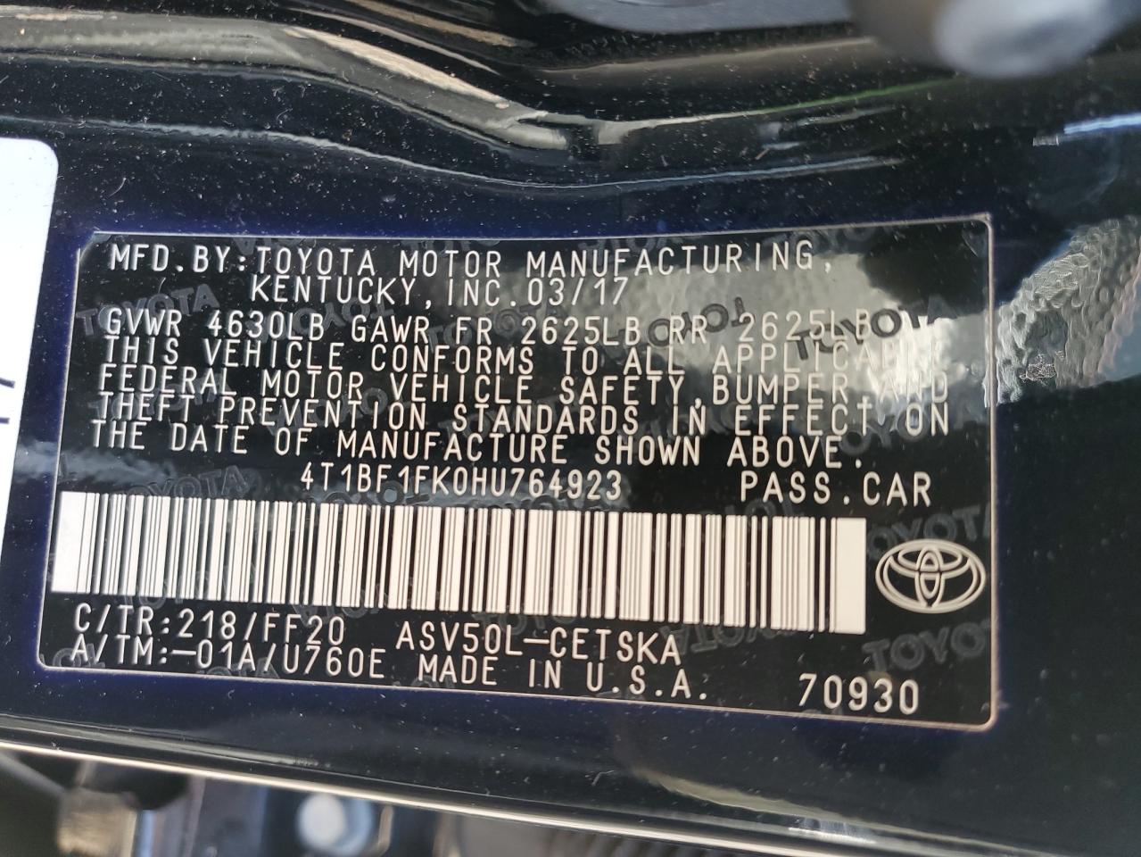 4T1BF1FK0HU764923 2017 Toyota Camry Le