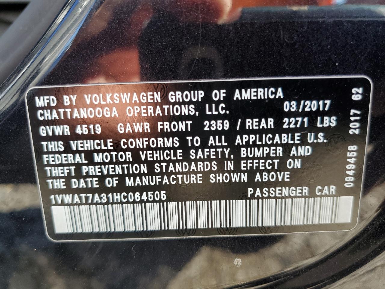 1VWAT7A31HC064505 2017 Volkswagen Passat S