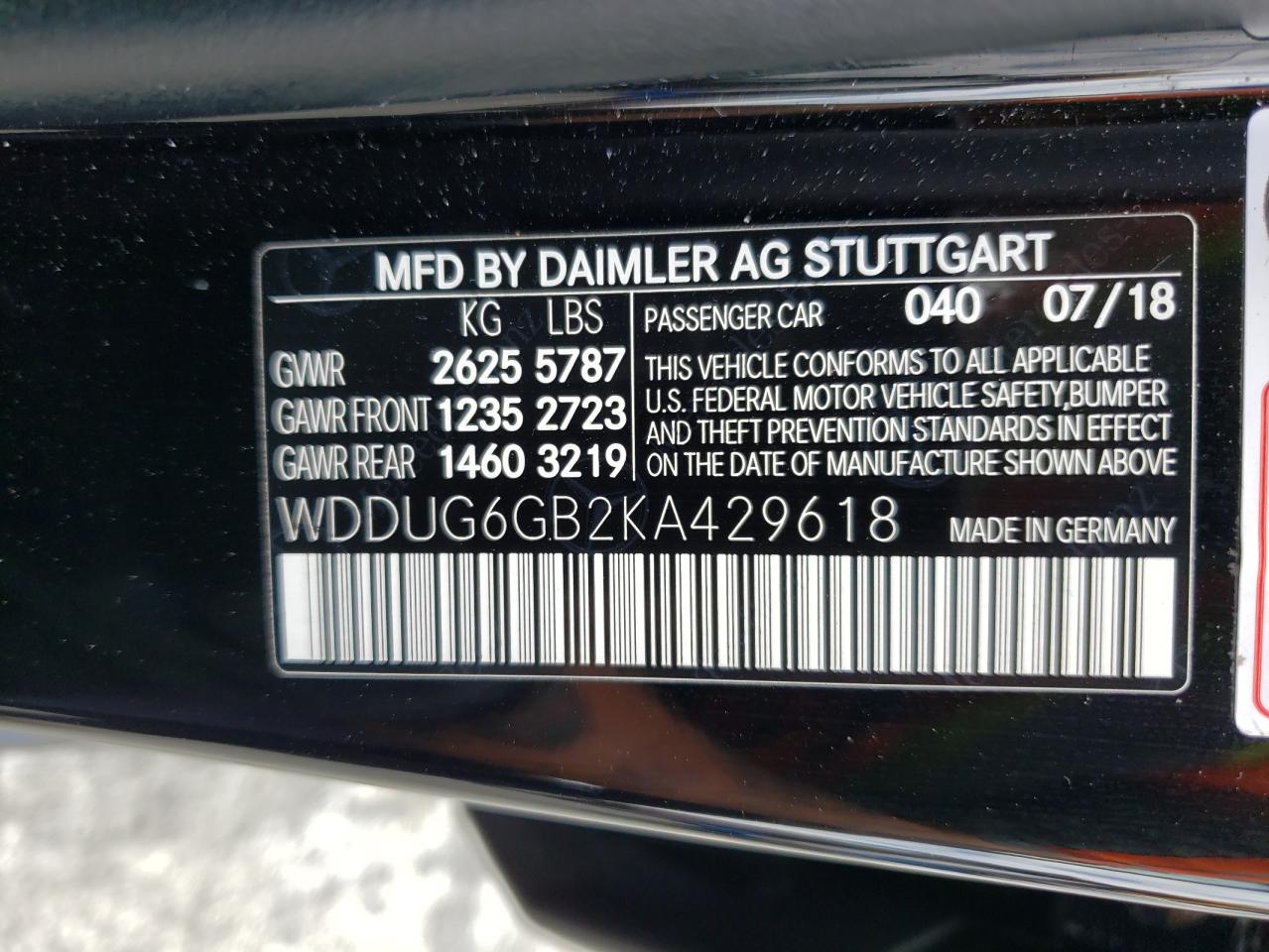 2019 Mercedes-Benz S 450 VIN: WDDUG6GB2KA429618 Lot: 50621213