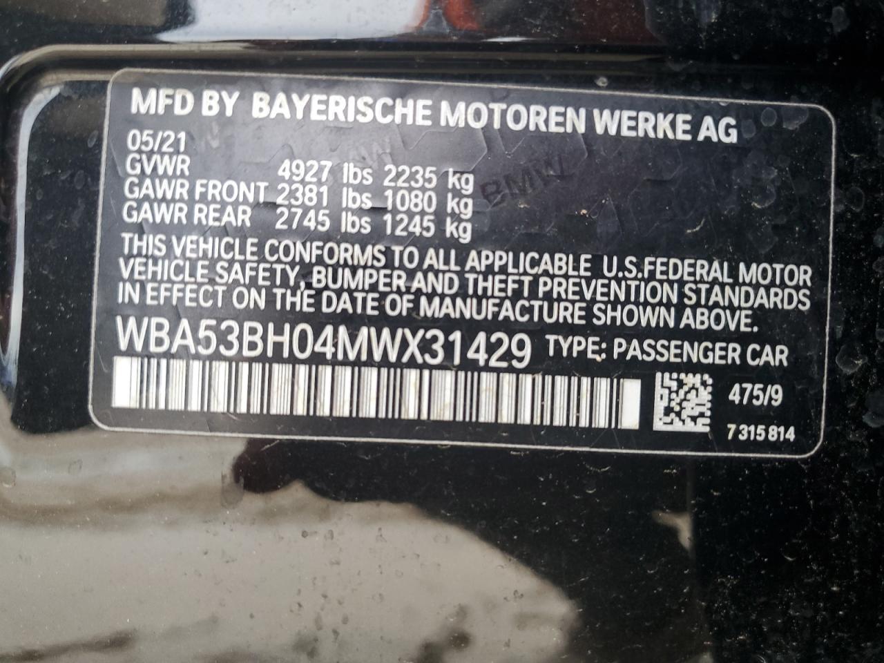 WBA53BH04MWX31429 2021 BMW 530 I