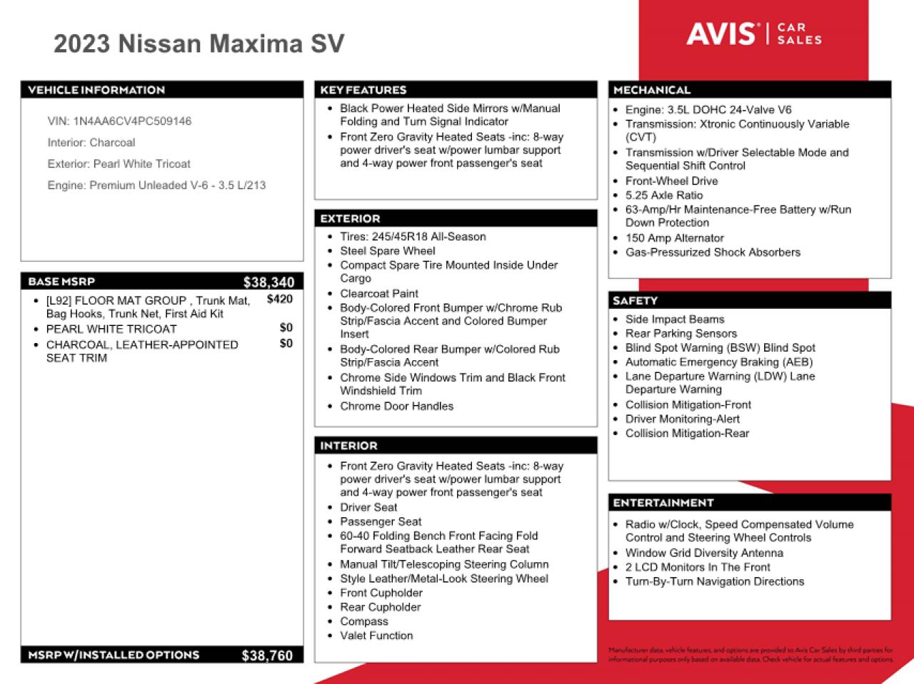 1N4AA6CV4PC509146 2023 Nissan Maxima Sv