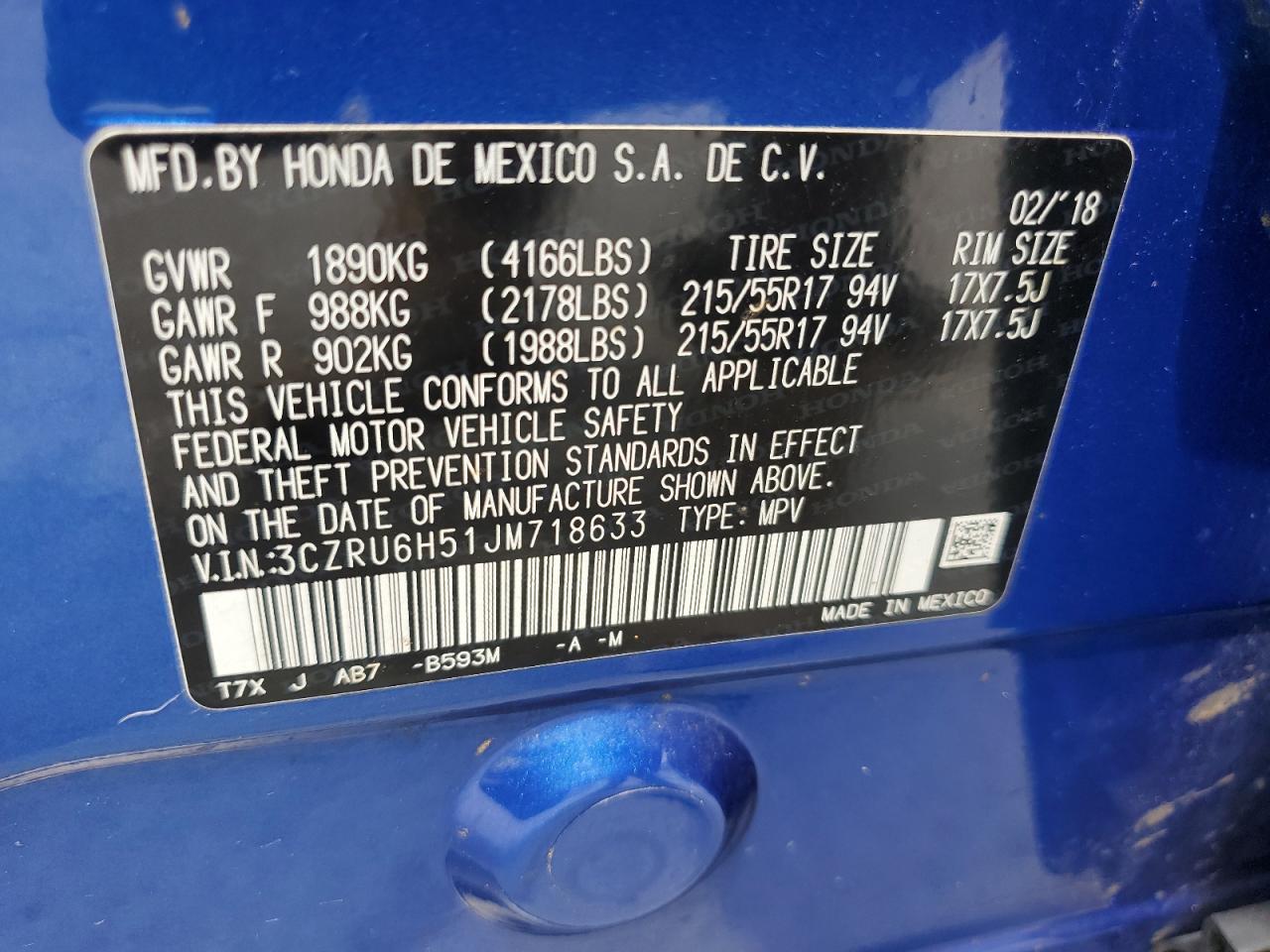 3CZRU6H51JM718633 2018 Honda Hr-V Ex