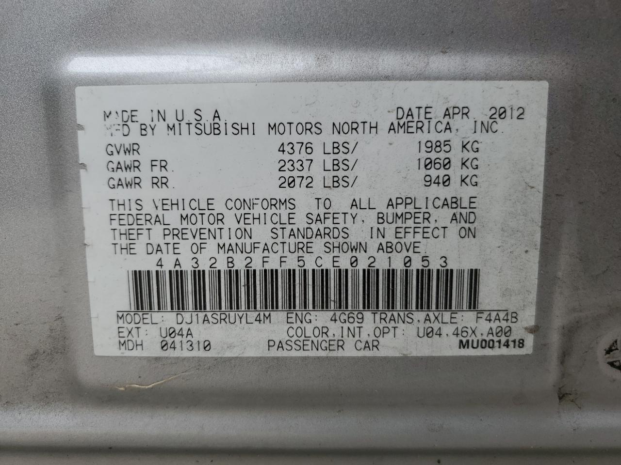 2012 Mitsubishi Galant Fe VIN: 4A32B2FF5CE021053 Lot: 57548754