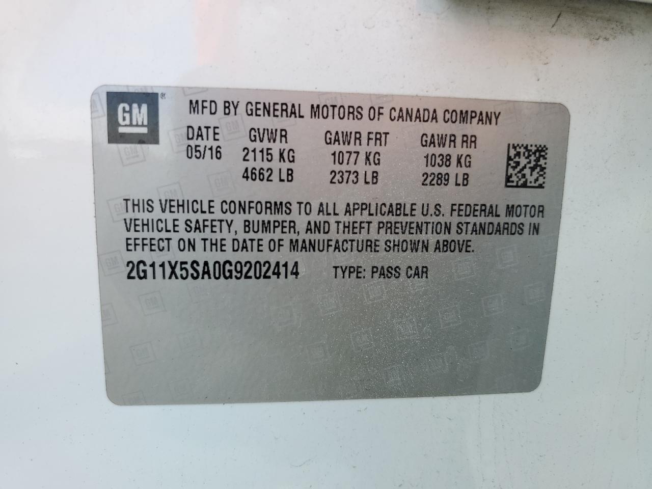 2G11X5SA0G9202414 2016 Chevrolet Impala Ls