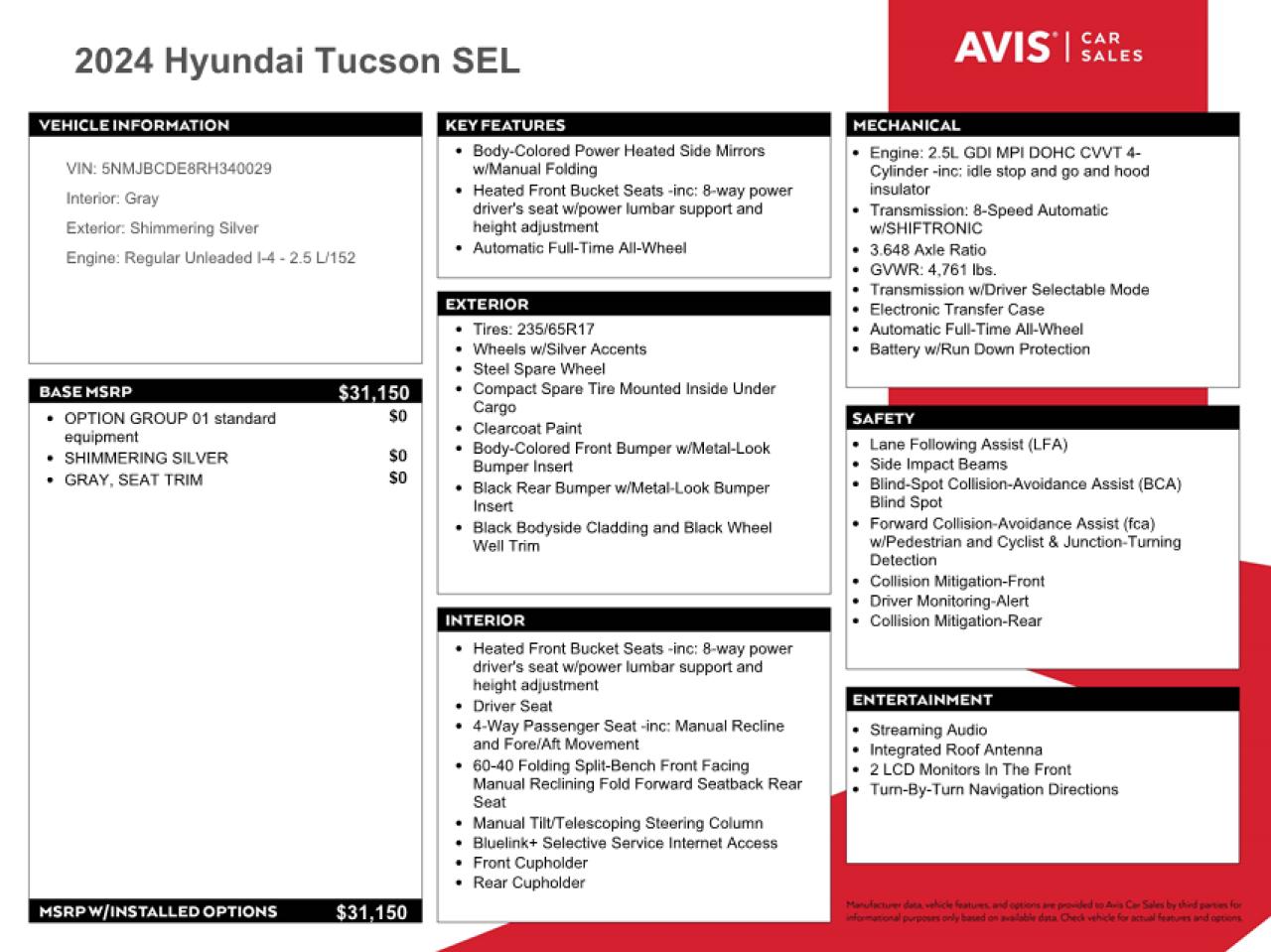 2024 Hyundai Tucson Sel VIN: 5NMJBCDE8RH340029 Lot: 58477054