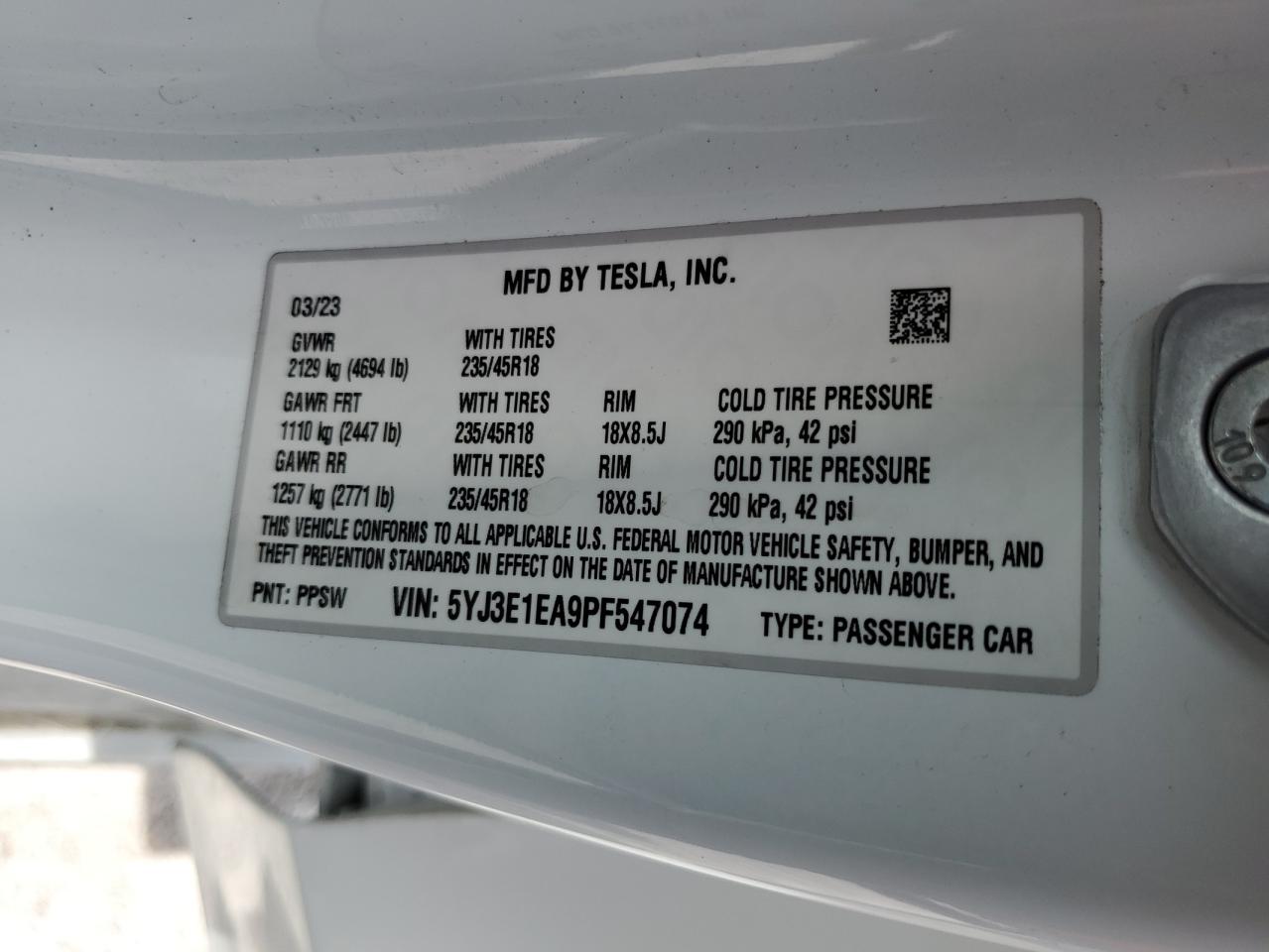 2023 Tesla Model 3 VIN: 5YJ3E1EA9PF547074 Lot: 60916204