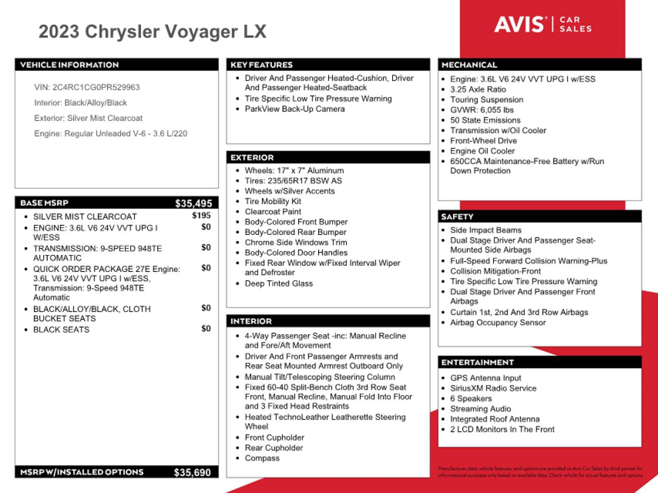 2023 Chrysler Voyager Lx VIN: 2C4RC1CG0PR529963 Lot: 64540944