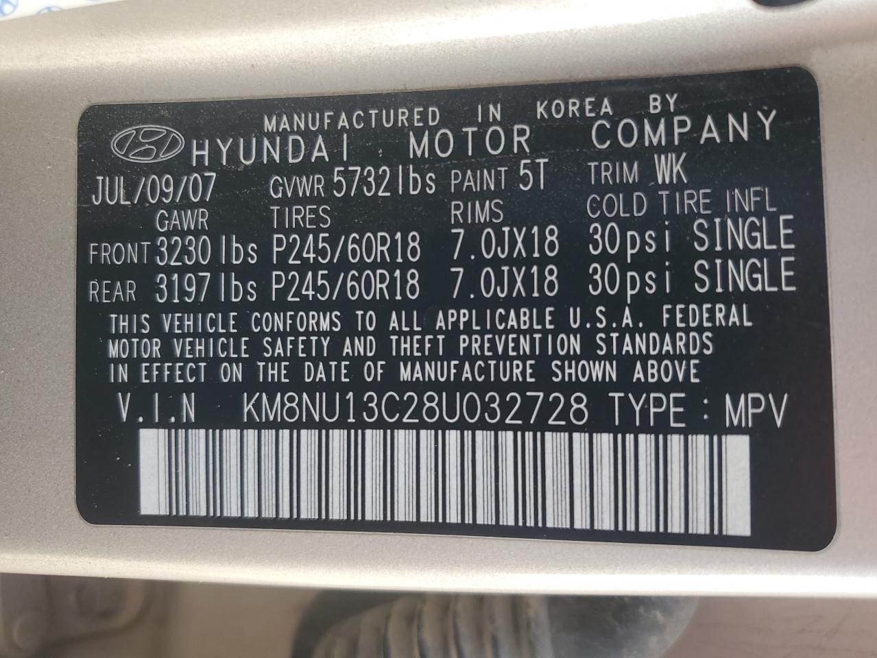 KM8NU13C28U032728 2008 Hyundai Veracruz Gls