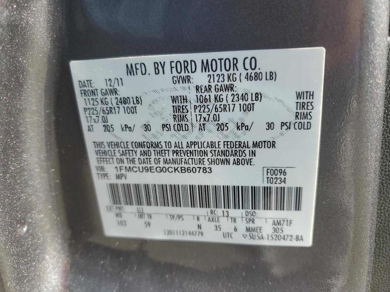 1FMCU9EG0CKB60783 2012 Ford Escape Limited