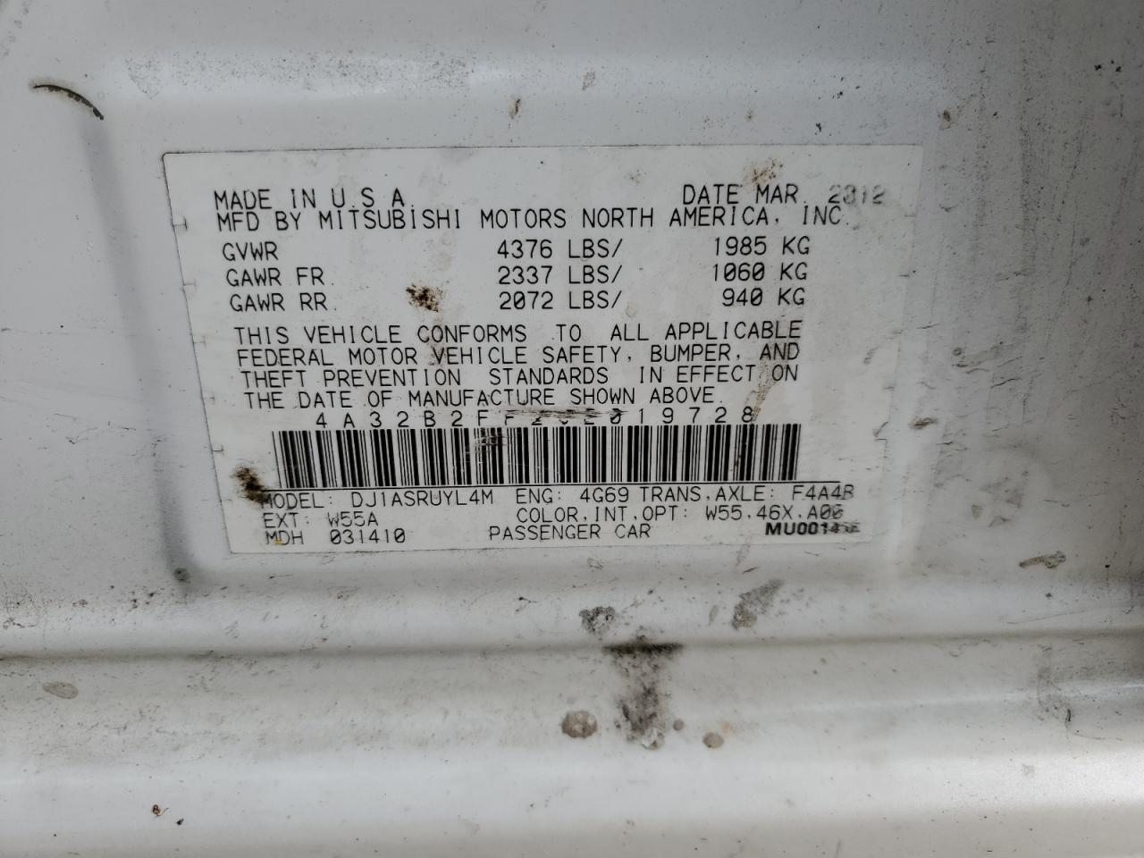 2012 Mitsubishi Galant Fe VIN: 4A32B2FF2CE019728 Lot: 63515464