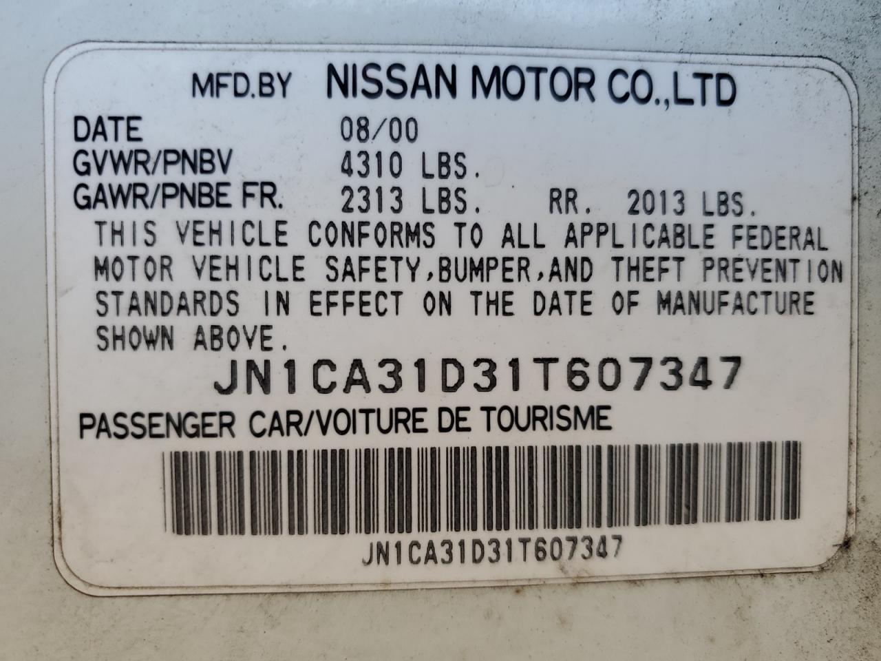 JN1CA31D31T607347 2001 Nissan Maxima Gxe