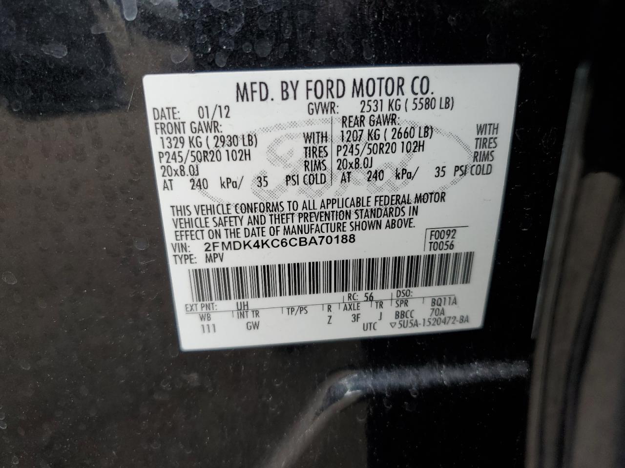 2FMDK4KC6CBA70188 2012 Ford Edge Limited