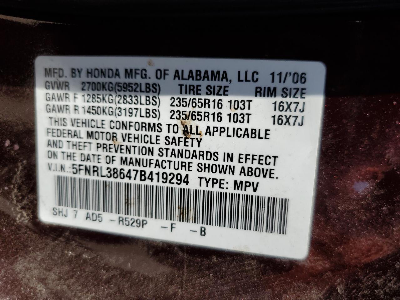 2007 Honda Odyssey Exl VIN: 5FNRL38647B419294 Lot: 62290164