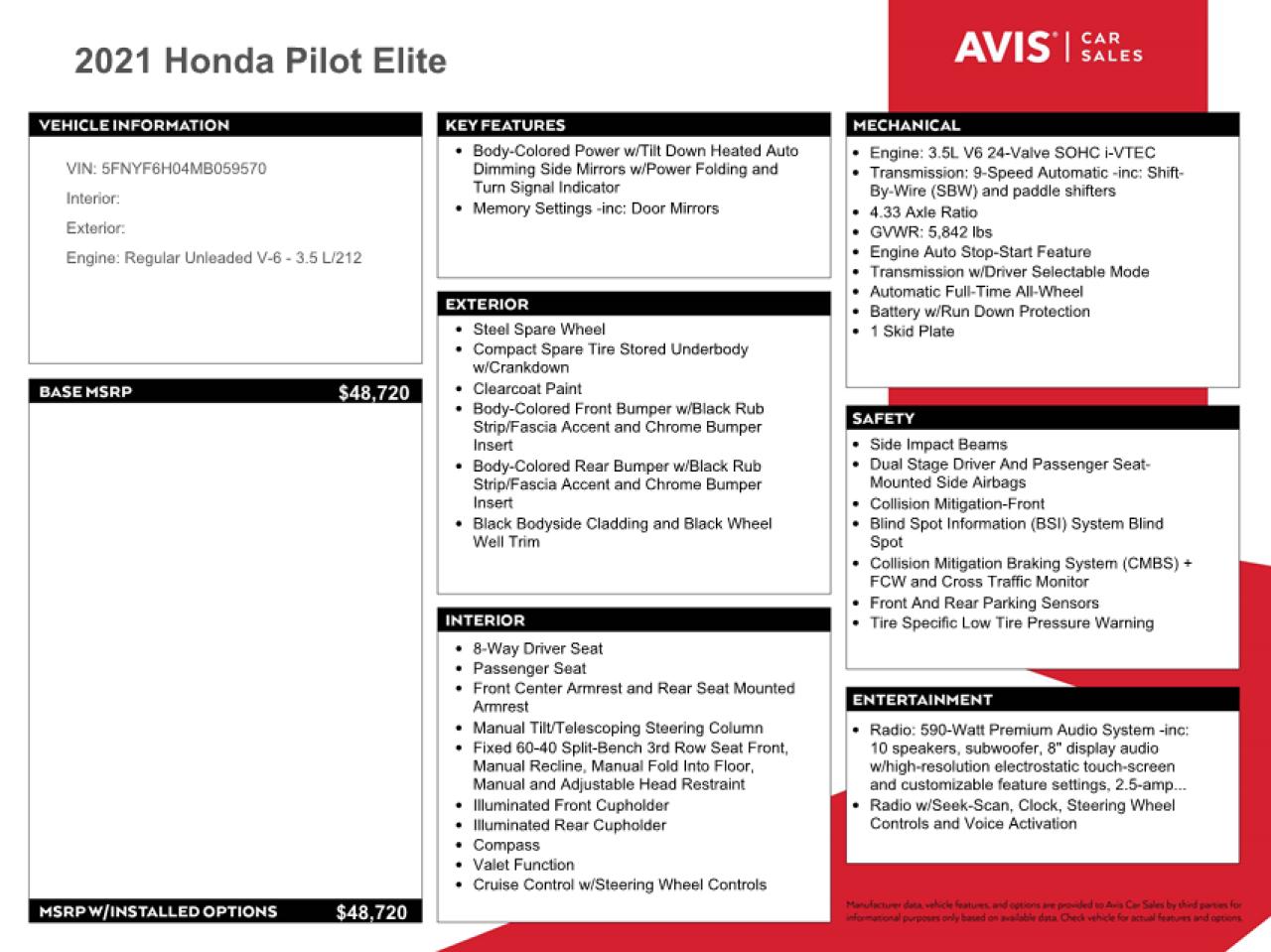 2021 Honda Pilot Elite VIN: 5FNYF6H04MB059570 Lot: 65730513