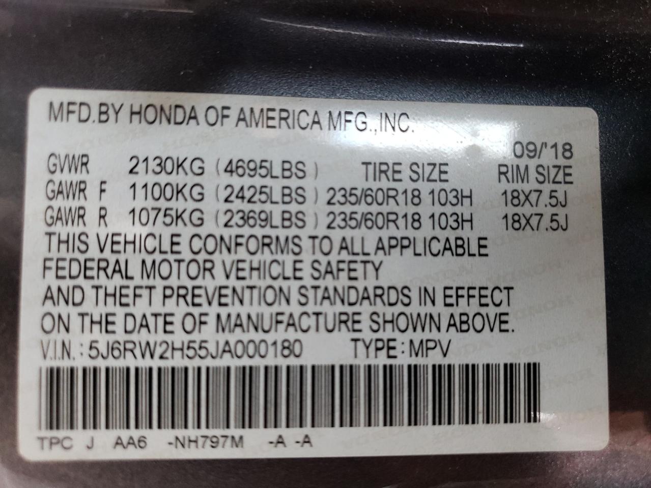 5J6RW2H55JA000180 2018 Honda Cr-V Ex