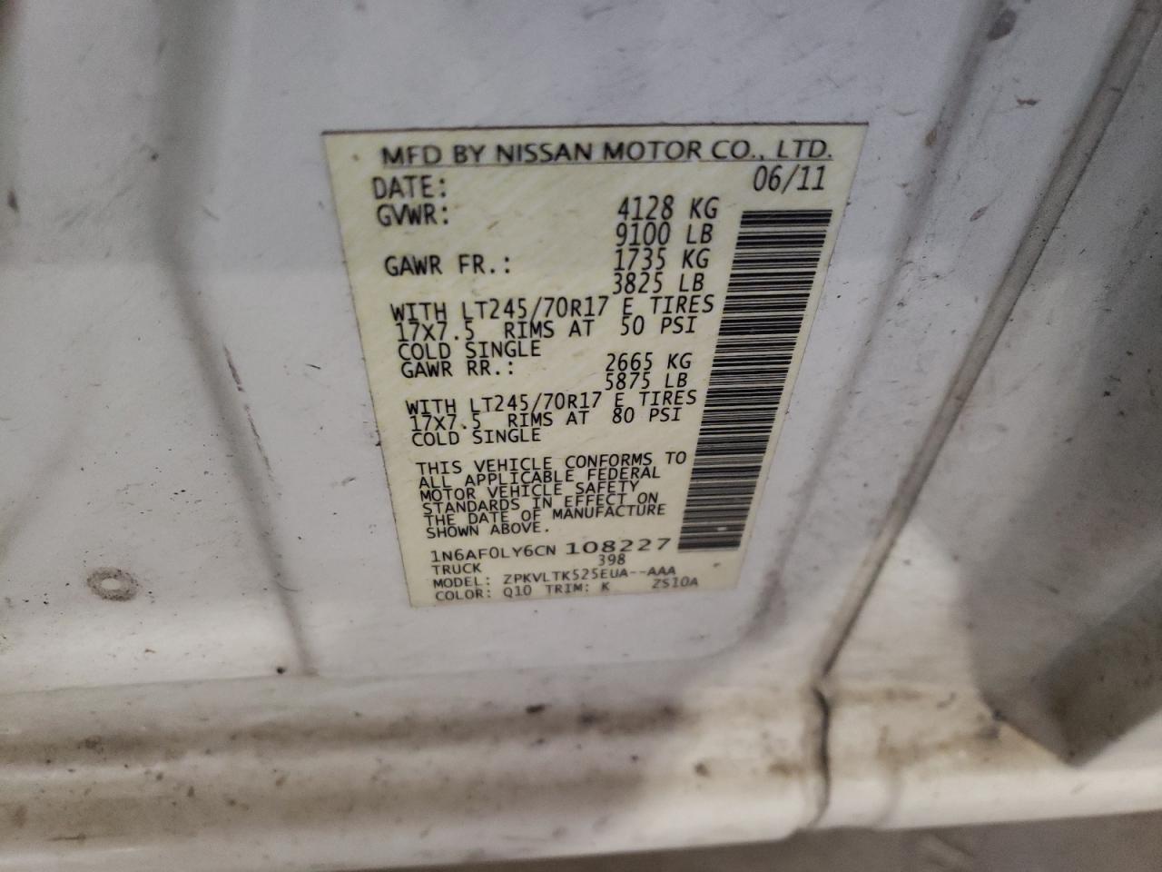 1N6AF0LY6CN108227 2012 Nissan Nv 2500