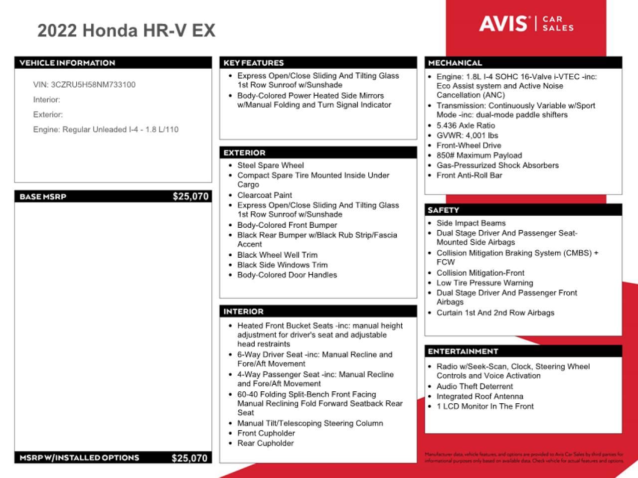 3CZRU5H58NM733100 2022 Honda Hr-V Ex