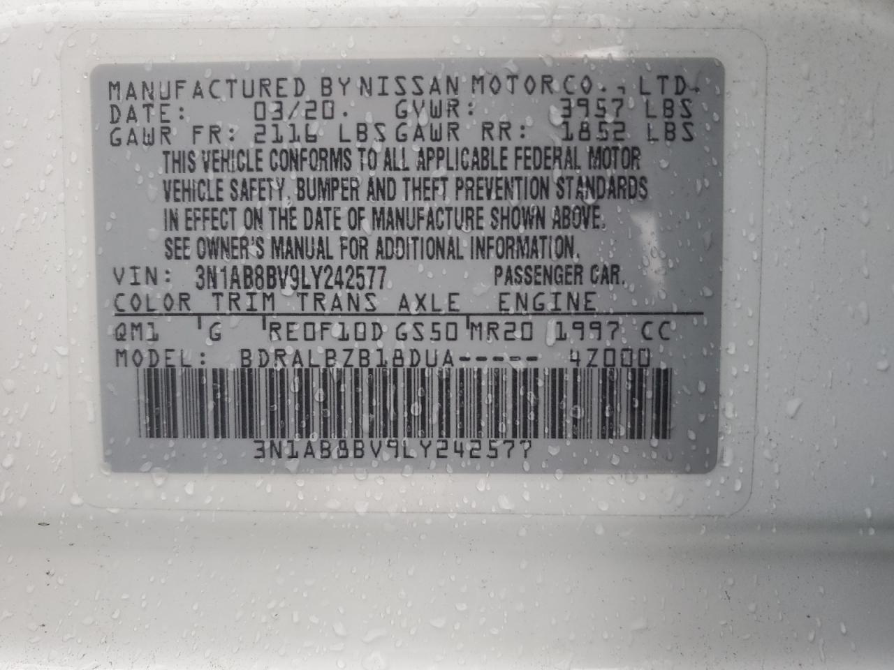 3N1AB8BV9LY242577 2020 Nissan Sentra S