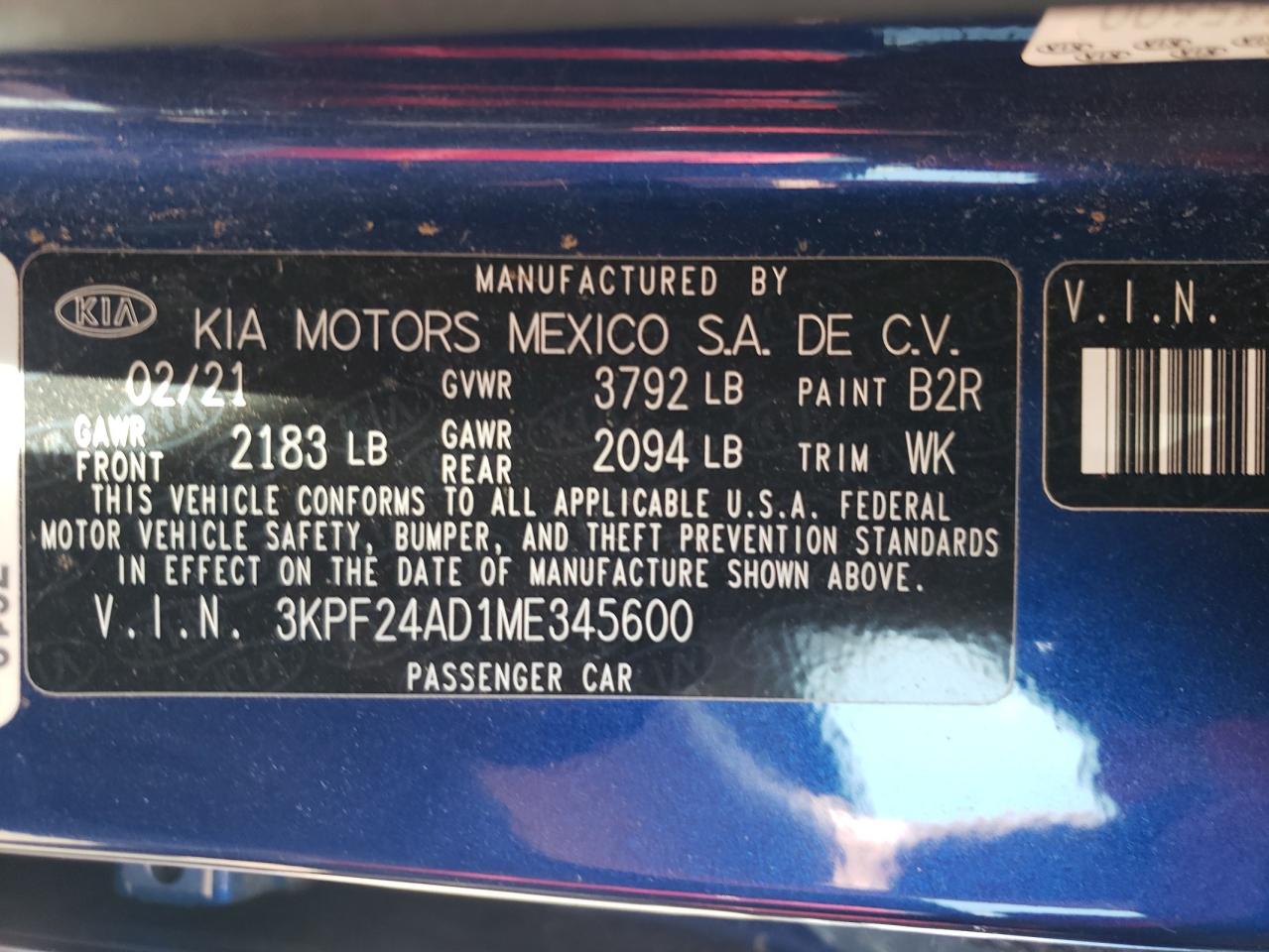 2021 Kia Forte Fe VIN: 3KPF24AD1ME345600 Lot: 67130384