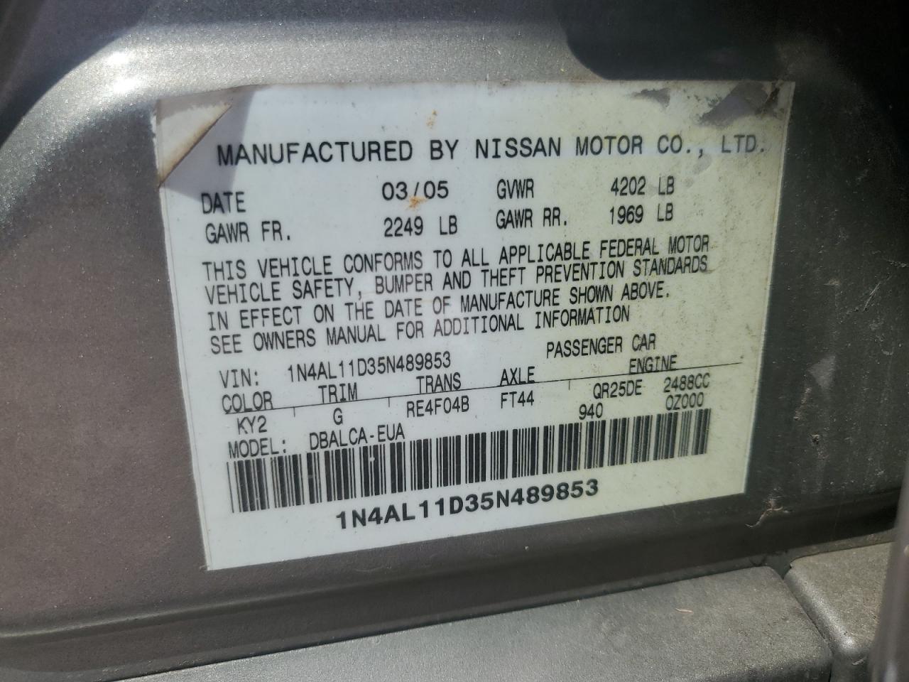 2005 Nissan Altima S VIN: 1N4AL11D35N489853 Lot: 65935194