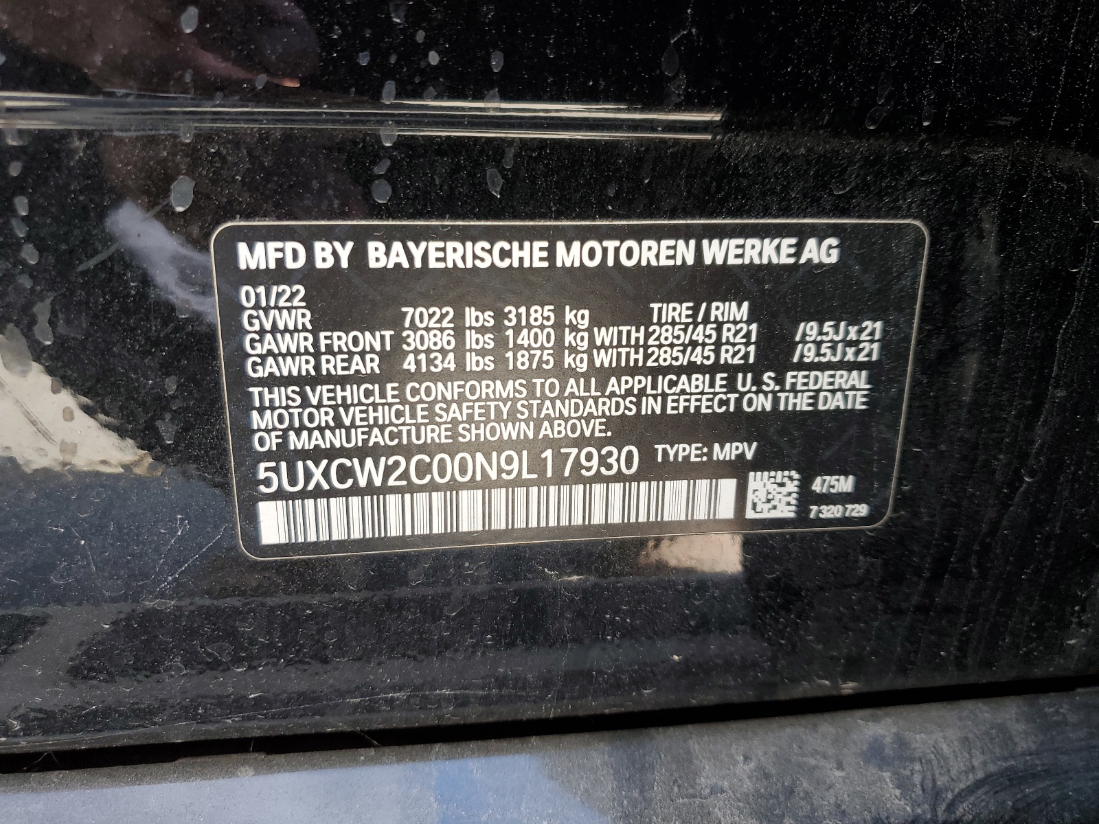 5UXCW2C00N9L17930 2022 BMW X7 xDrive40I