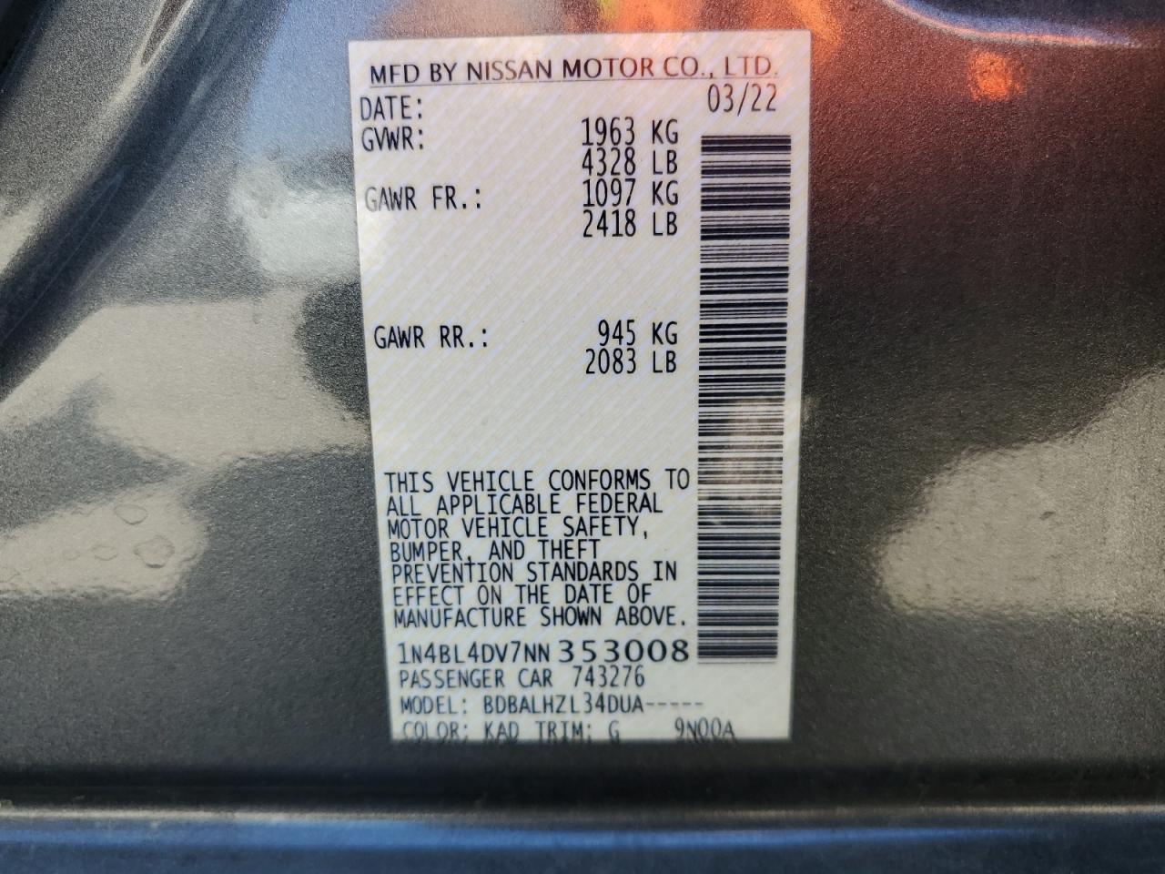 2022 Nissan Altima Sv VIN: 1N4BL4DV7NN353008 Lot: 69048104