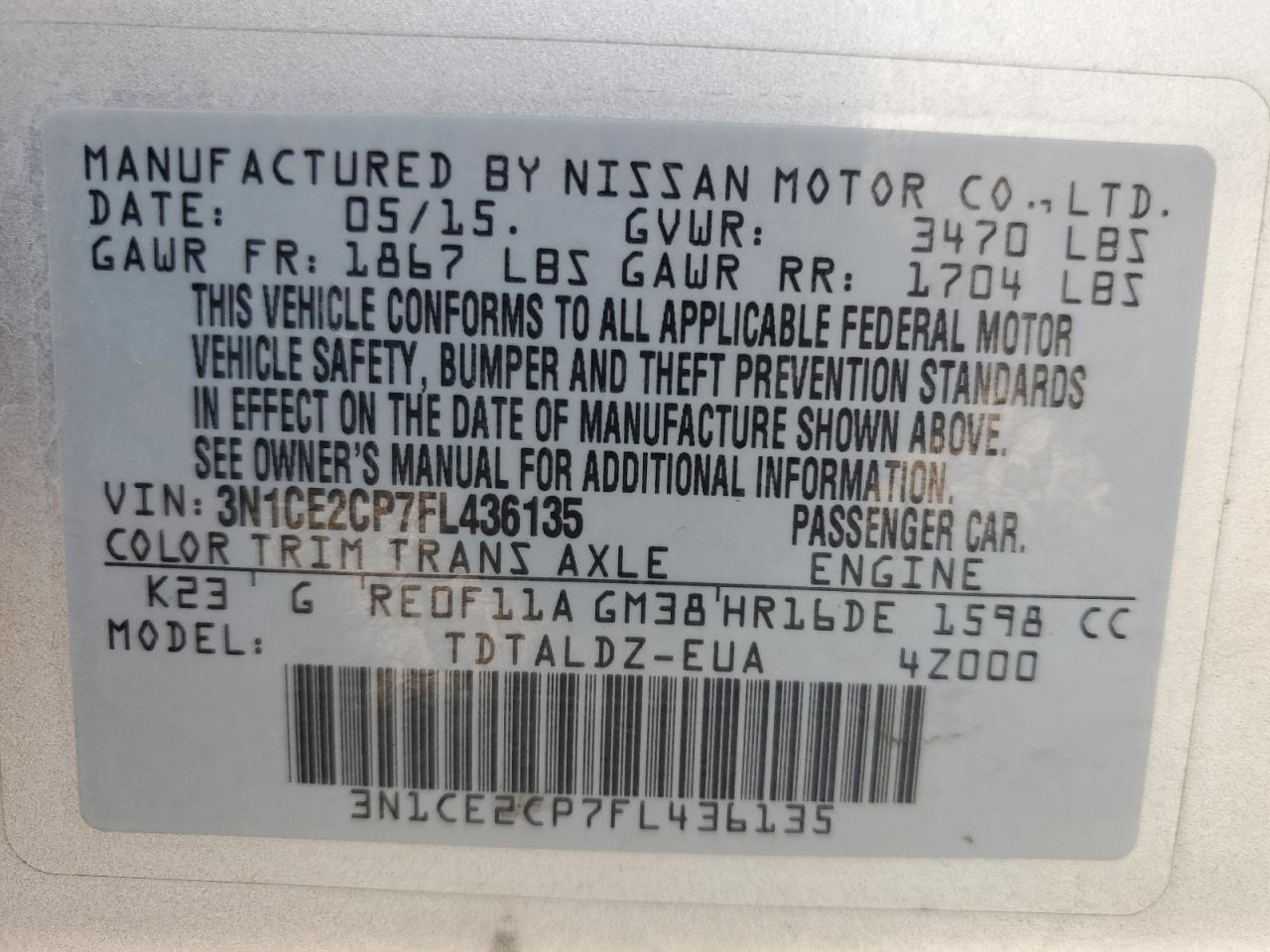 2015 Nissan Versa Note S VIN: 3N1CE2CP7FL436135 Lot: 70525754