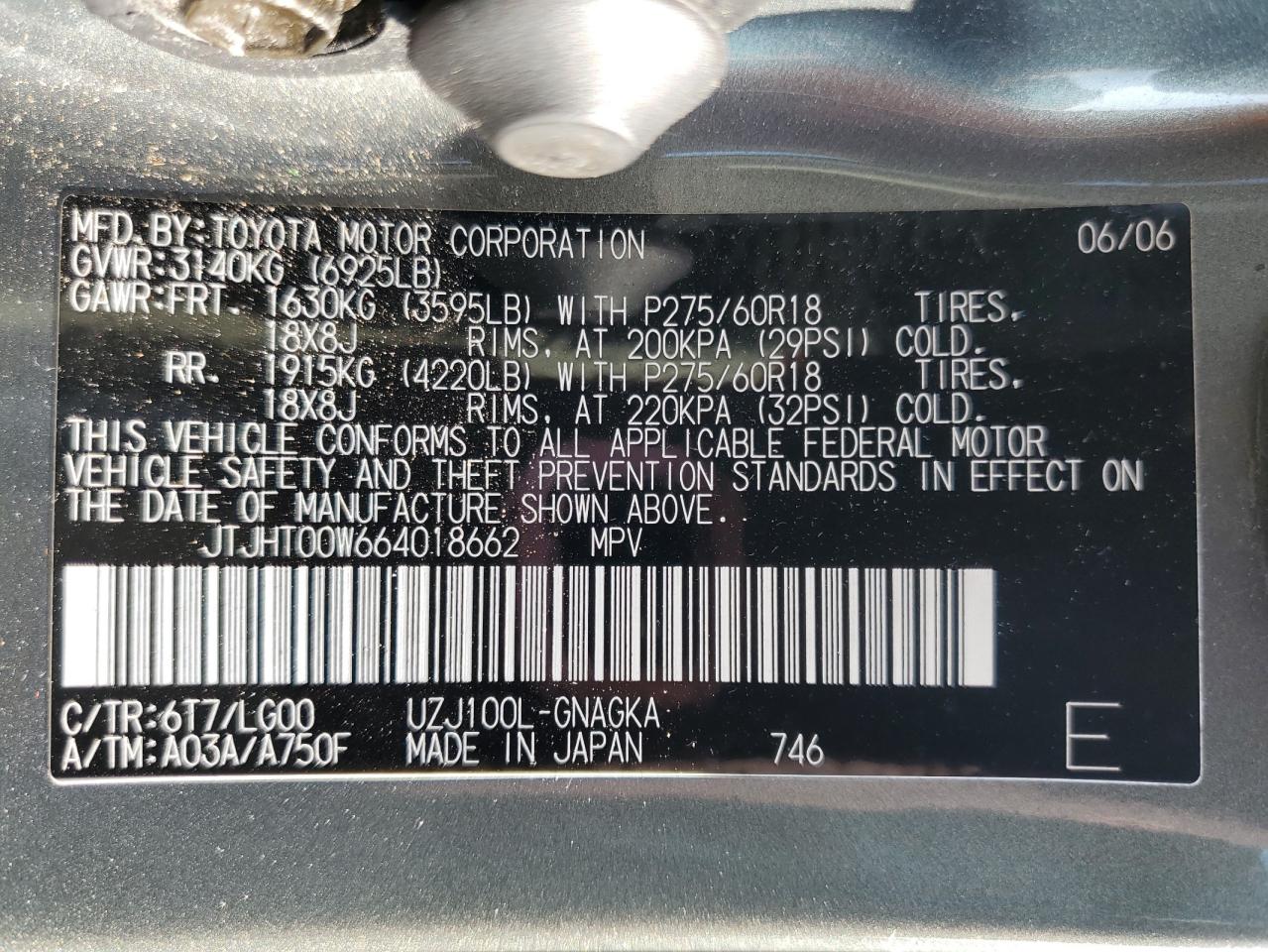 JTJHT00W664018662 2006 Lexus Lx 470