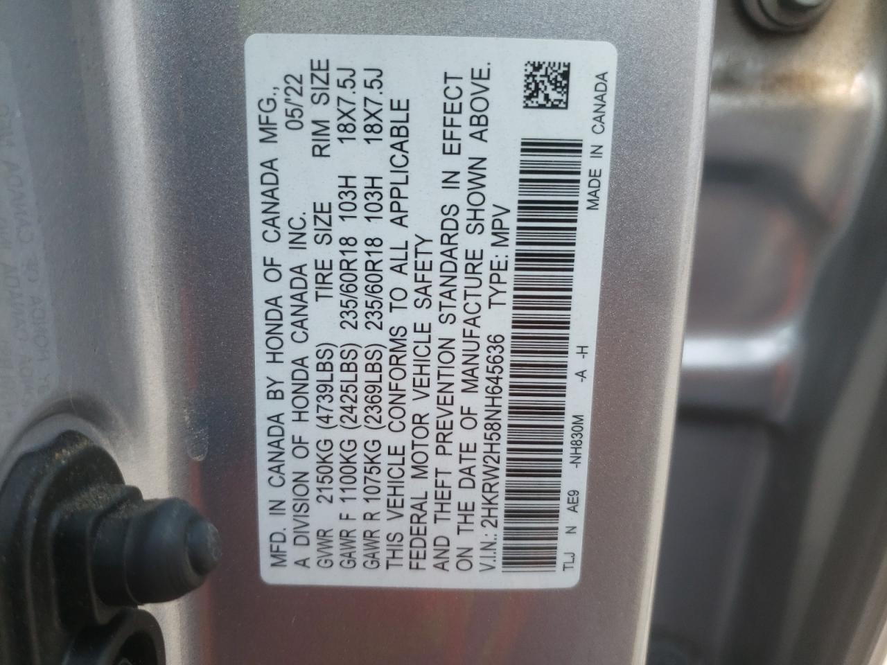 2HKRW2H58NH645636 2022 Honda Cr-V Ex