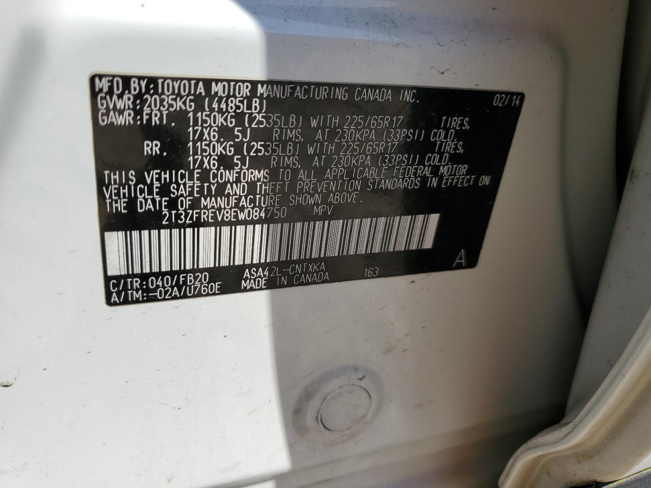 2T3ZFREV8EW084750 2014 Toyota Rav4 Le