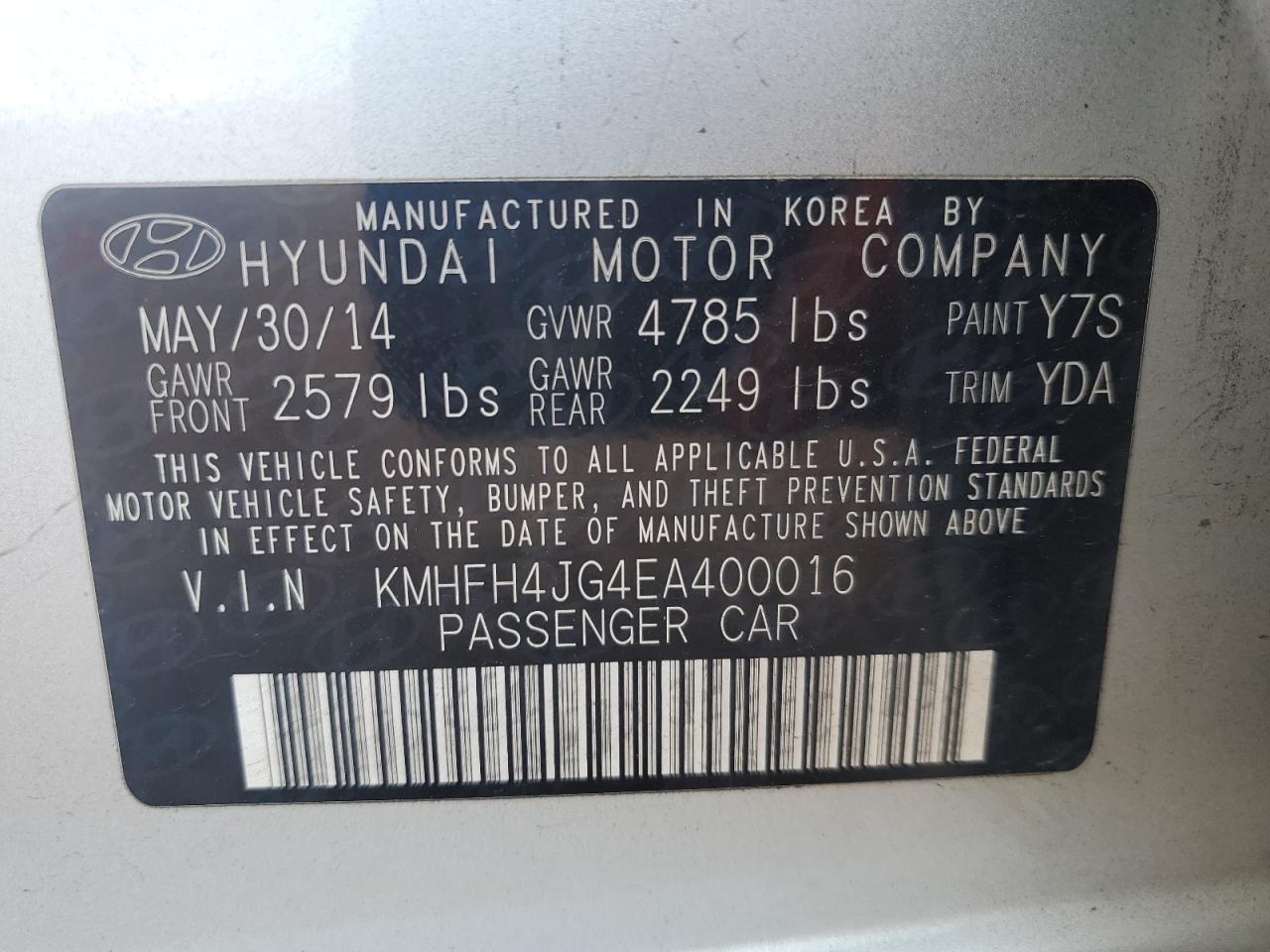 KMHFH4JG4EA400016 2014 Hyundai Azera Gls