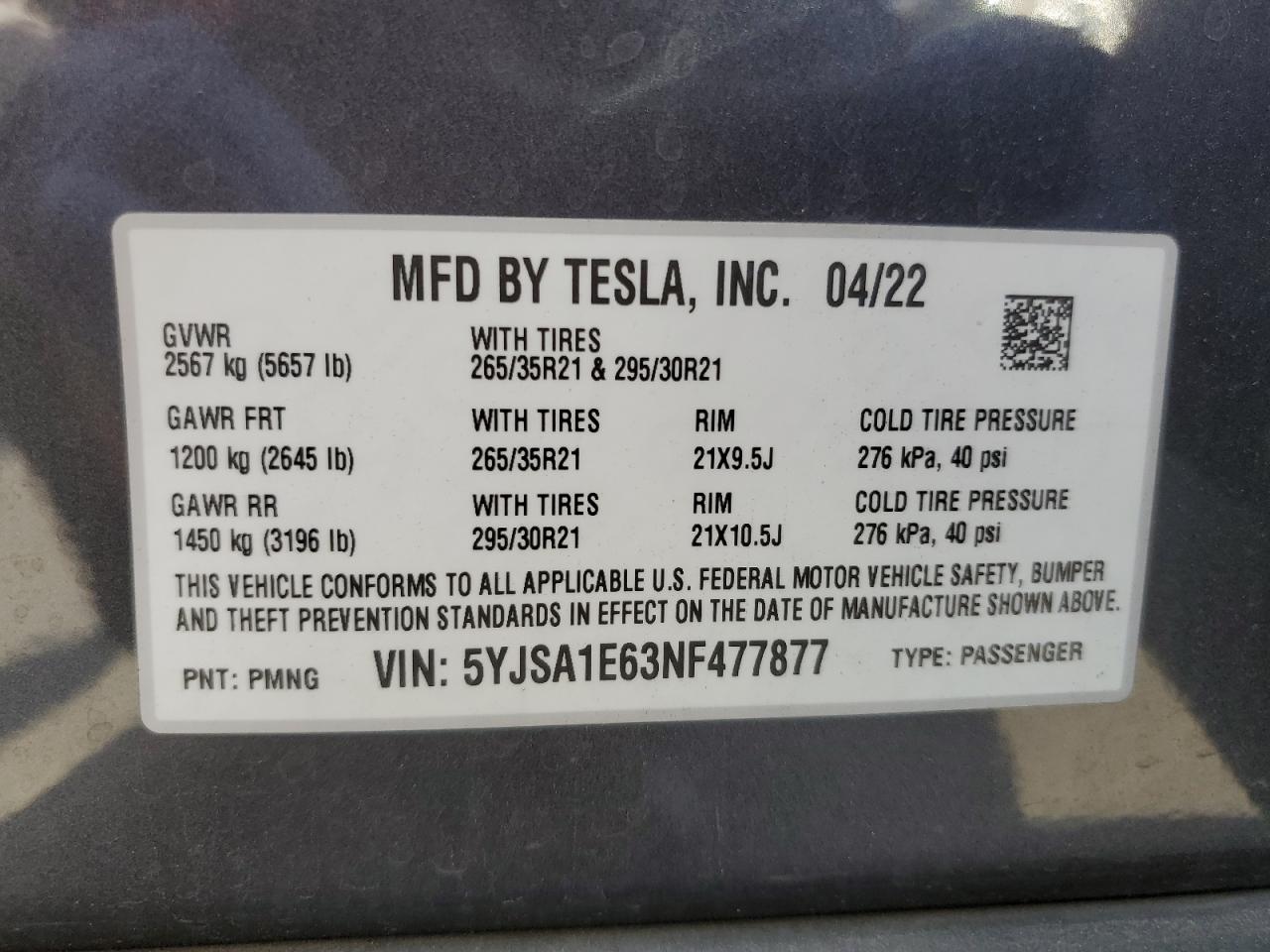 2022 Tesla Model S VIN: 5YJSA1E63NF477877 Lot: 70365964