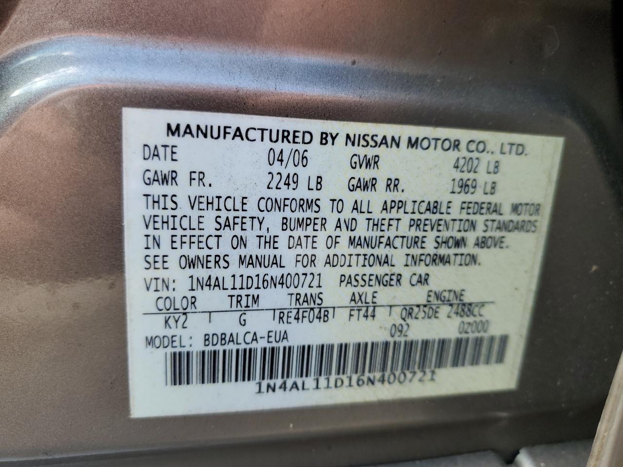 1N4AL11D16N400721 2006 Nissan Altima S