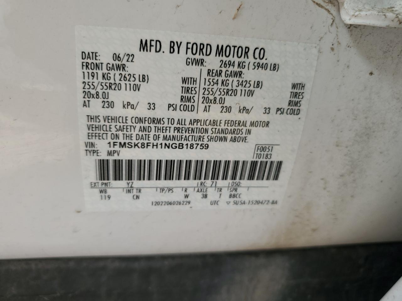 1FMSK8FH1NGB18759 2022 Ford Explorer Limited