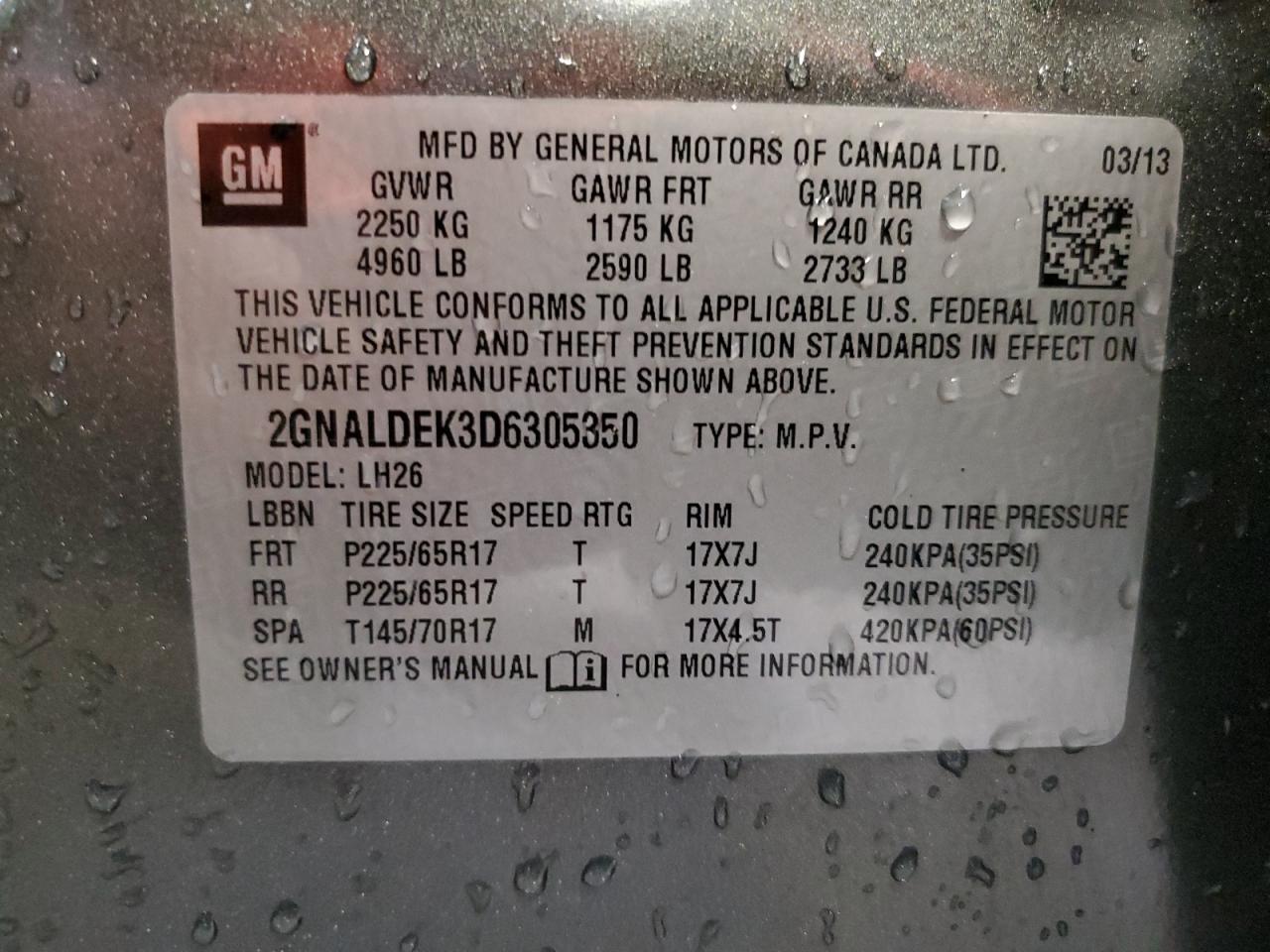 2GNALDEK3D6305350 2013 Chevrolet Equinox Lt