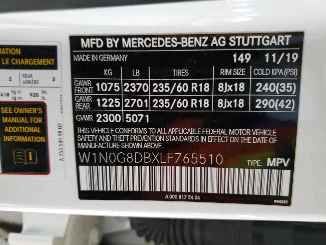 2020 Mercedes-Benz Glc 300 VIN: W1N0G8DBXLF765510 Lot: 74307004