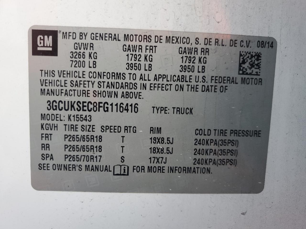 3GCUKSEC8FG116416 2015 Chevrolet Silverado K1500 Ltz