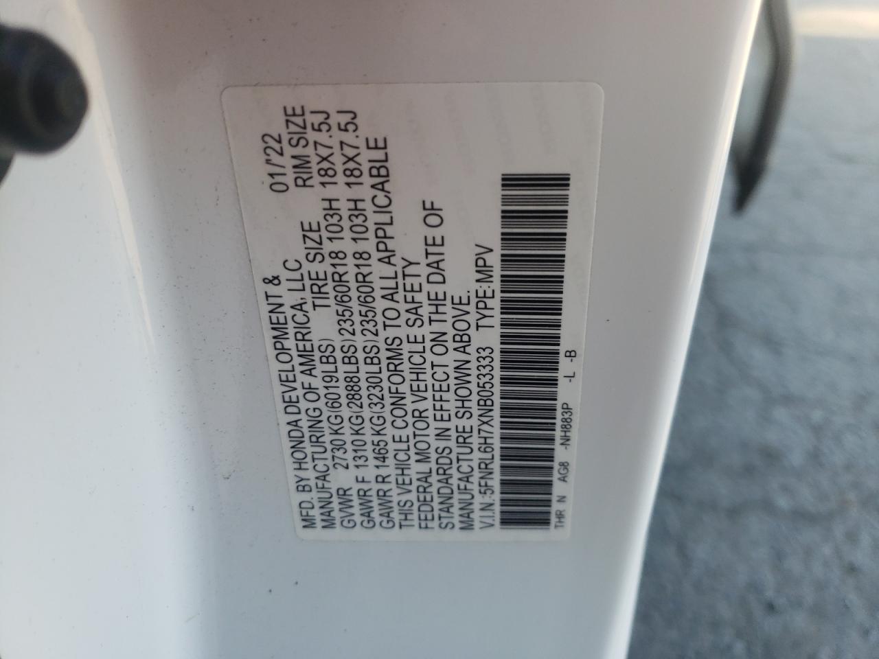 5FNRL6H7XNB053333 2022 Honda Odyssey Exl