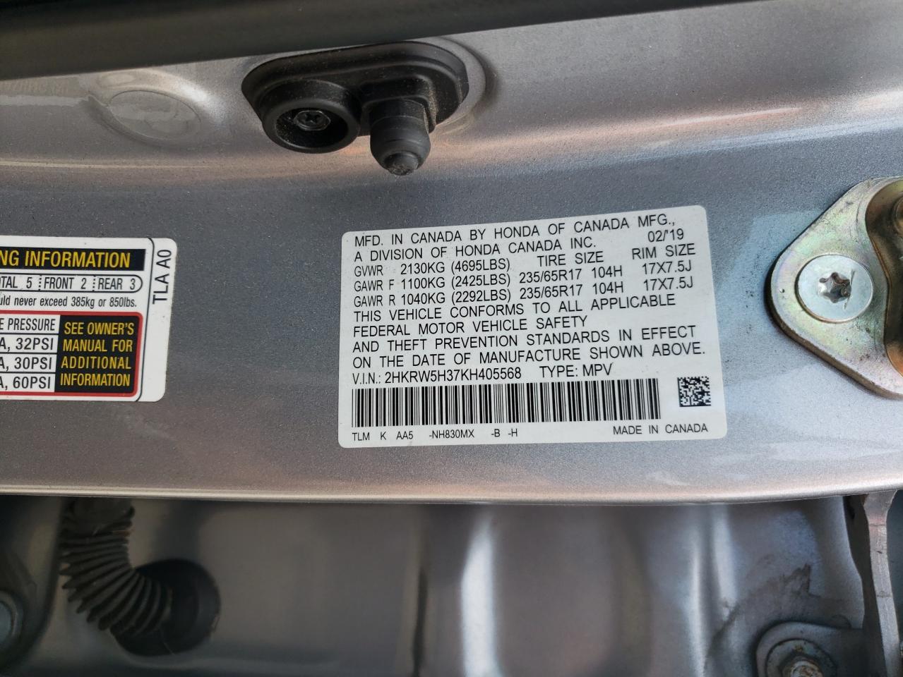 2HKRW5H37KH405568 2019 Honda Cr-V Lx