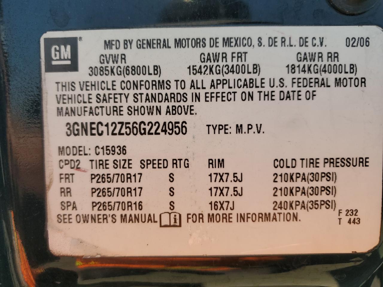 2006 Chevrolet Avalanche C1500 VIN: 3GNEC12Z56G224956 Lot: 76088374