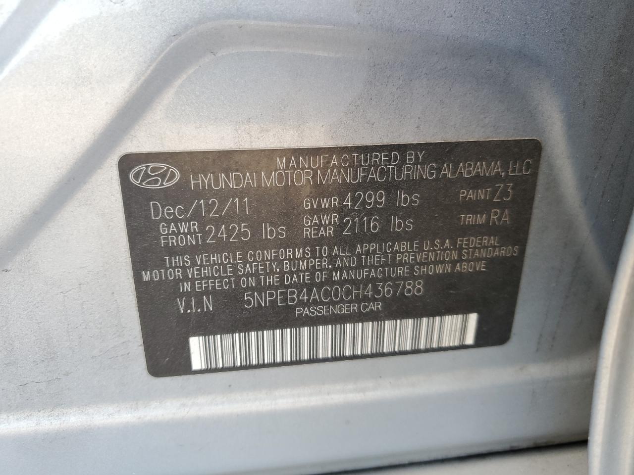 2012 Hyundai Sonata Gls VIN: 5NPEB4AC0CH436788 Lot: 77654584